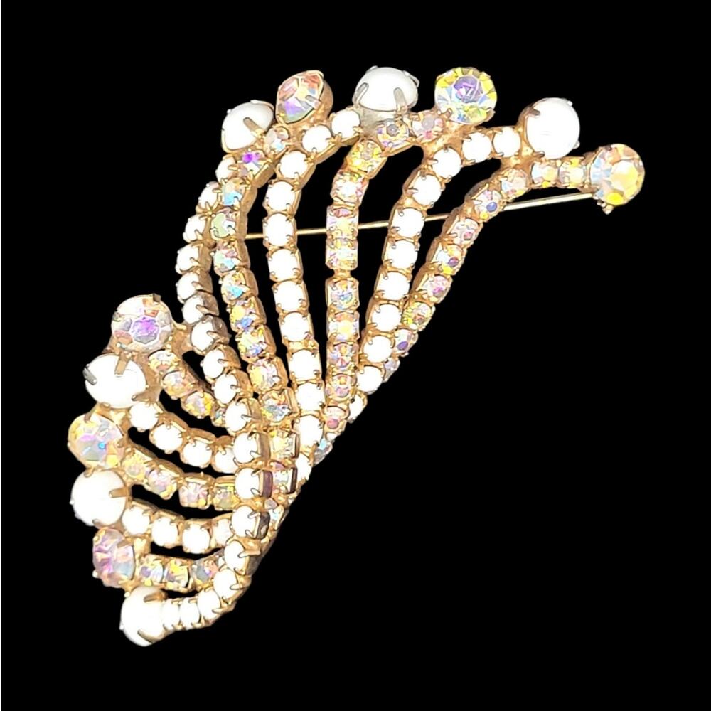 Glam Vintage Coquette Milk‎ Glass AB Rhinestone Flourish Brooch Pin Delight